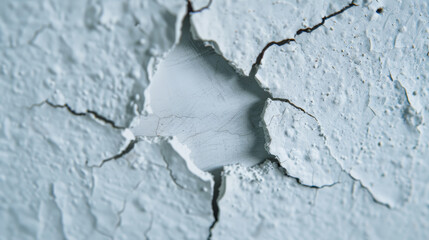 Close-up view of cracked and peeling white paint on a wall, revealing underlying surface, showcasing texture and decay.