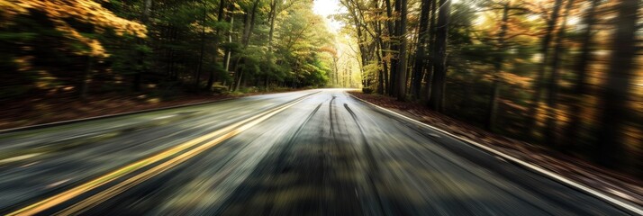 Wall Mural - Empty woodland road with a dynamic sense of speed conveyed through motion blur.