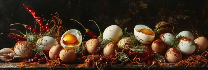 Canvas Print - Side view of a thoughtful expression created as eggs, chilies, shallots, and turmeric elegantly combine to showcase a whimsical and emotional culinary presentation.