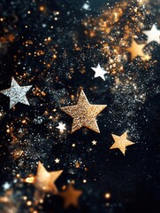 Poster - Golden and silver stars of varying sizes shimmer against a dark backdrop, creating a serene and elegant celestial atmosphere. Generative AI