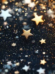 Aufkleber - Golden stars of various sizes twinkle against a dark background, creating an enchanting and serene ambiance perfect for night inspiration. Generative AI
