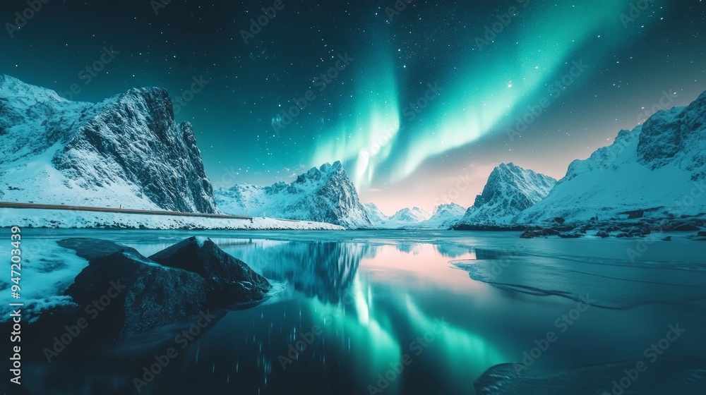 Northern lights over the snowy mountains, frozen sea, reflection in ...