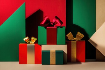 Poster - Festive gift boxes crafted in geometric shapes feature vibrant ribbons, creating a minimalist yet cheerful holiday display. Generative AI