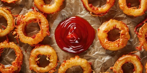 Crispy onion rings with ketchup on baking paper