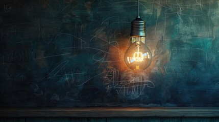 Wall Mural - A single light bulb sits on a wooden table, providing a warm glow