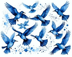 A flock of blue watercolor flying birds. Free birds abstraction.  Vector illustration hand drawing style