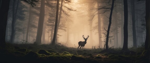 Wall Mural - A Lone Deer Stands in a Misty Forest at Sunset