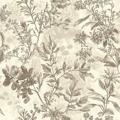 Wall Mural - seamless pattern of botanical etchings in muted sepia tones