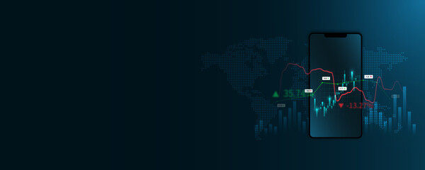Wall Mural - technology background picture, graph, financial trading, online stock market on mobile phones around