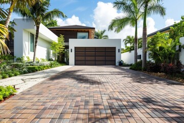 Sticker - A residential driveway with palm trees in front of a single-family home