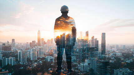 Wall Mural - The double exposure image of the engineer standing back during sunrise overlay with cityscape image The concept of engineering construction City life and future