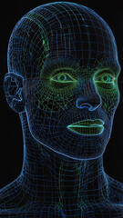 Poster - Digital Wireframe Human Head with LED Tech Colors and Futuristic Design