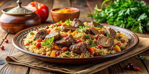 A delicious pilaf and meat dish served on the table, pilaf, meat, food, rice, dish, dinner, meal, gourmet, delicious, traditional