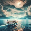 © Lab - Pleasure boat in the vast boundless sea. The boat to explore the sea