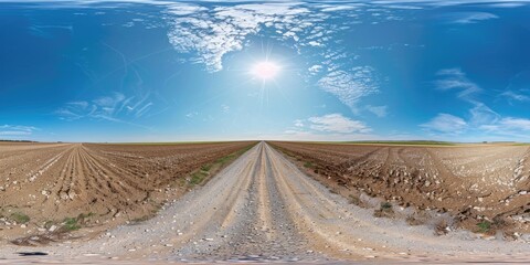 360 HDRI panorama of a deserted white sand gravel road bordered by fields under a clear sky with sparse clouds in equirectangular spherical projection suitable for VR and AR content Seamles