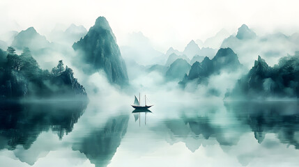 Wall Mural - Minimalism, large areas of white space, mountain shape, water reflection, perspective aesthetics, light green, soft gradient colors, a minimalist painting from ancient China