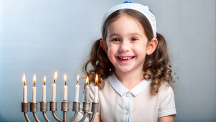 Wall Mural - Portrait of a little girl holding a Hanukkah menorah