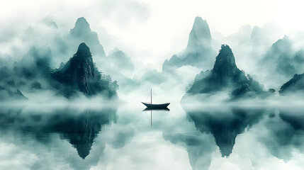 Wall Mural - Minimalism, large areas of white space, mountain shape, water reflection, perspective aesthetics, light green, soft gradient colors, a minimalist painting from ancient China