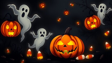 Wall Mural - Halloween ghosts and pumpkins in a spooky night