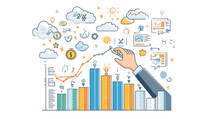 Wall Mural - Financial Forecast Hands adjusting a virtual bar chart with weather icons above indicating economic predictions