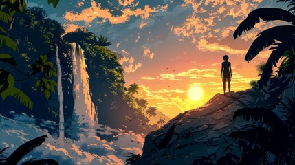 Silhouette of a Person Standing on a Cliff Overlooking a Waterfall and Sunset