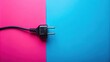 © lapeepon - Black plug plugged into power lines on pink and navy blue background, technology, electricity, connection, energy