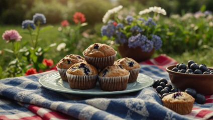 Wall Mural - Assorted chocolate and blueberry muffins on a picnic blanket, with a blooming garden in the background.