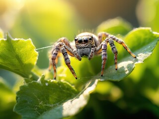 Poster - A macro shot of a jumping spider on a green leaf with a blurry background of sunlight.