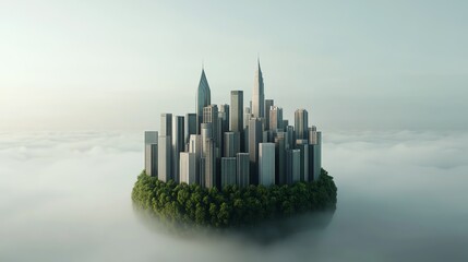 Aerial view of a floating city in the clouds surrounded by greenery, symbolizing futuristic urbanization and environmental harmony.