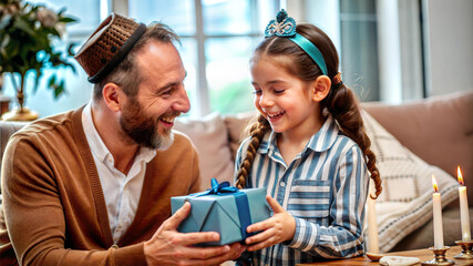 Wall Mural - happy father and daughter with gift box looking at each other at home