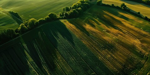 Wall Mural - Aerial view of lush green and golden agricultural fields