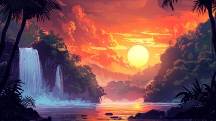 Wall Mural - Tropical Sunset with Waterfall and Palm Trees