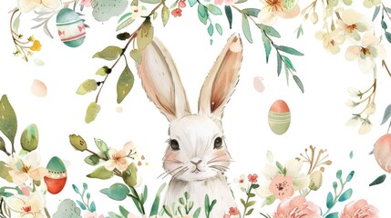 Wall Mural - Joyful Easter watercolor. Adorable bunny with floral wreath and Easter eggs in a charming frame for cards.