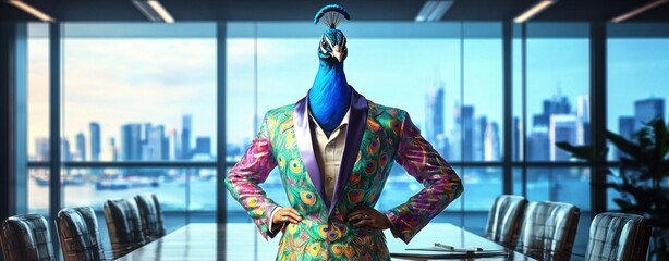 Peacock Power Suit: Confidence and flamboyance collide in a surreal corporate portrait. A peacock in a vibrant suit stands poised in a modern office, overlooking a cityscape. 