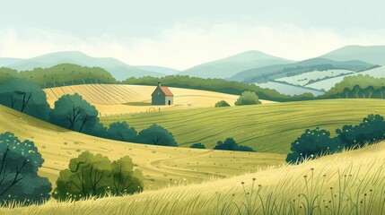 Wall Mural - Tranquil countryside landscape with rolling hills, verdant fields, and a quaint farmhouse, capturing the serenity of rural life.