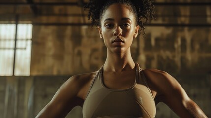 Unfiltered image of a captivating woman in khaki sportswear, highlighting her toned body in a minimalist brown environment.