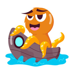 Sticker - A flat style mascot of octopus boat 

