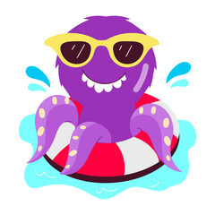 Canvas Print - A flat sticker of octopus enjoying swimming 

