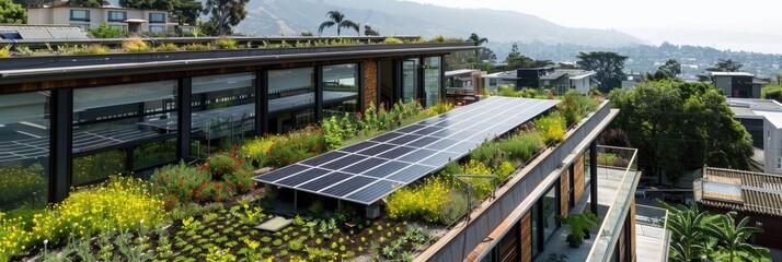 Poster - Sustainable rooftop design featuring greenery and solar panels on an educational building.