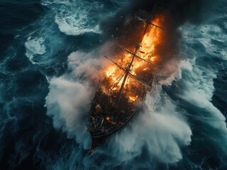 An aerial view of a tall ship engulfed in flames while being battered by rough seas.