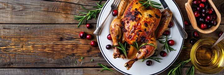 Poster - Whole roasted chicken garnished with rosemary and cranberry presented on a white plate, accompanied by various ingredients and cutlery, captured from a top-down perspective on a wooden tabletop.