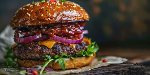 Wall Mural - Homemade Taco-Style Smash Burger with Cheese Sauce, Lettuce, and Red Onion