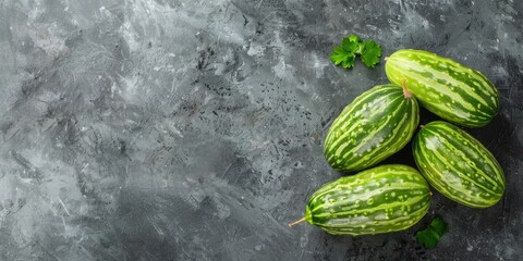 Poster - Top view of Armenian striped cucumber Cucumis melo var flexuosus on gray concrete background with copy space