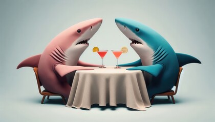 two playful cartoon sharks enjoying a fun dinner date with cocktails, showcasing a humorous and whim