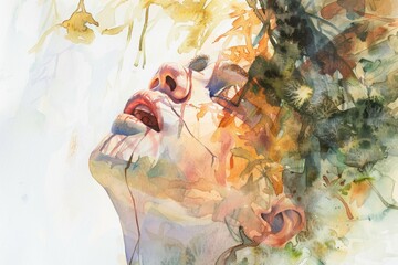 Wall Mural - A woman with her eyes closed in a watercolor painting