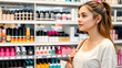 © Tark - Young woman standing in front of shelves with cosmetic and makeup products in store. Generative AI