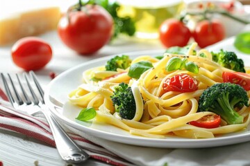 Poster - A plate of pasta served with steamed broccoli and cherry tomatoes