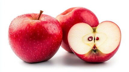 Red apple whole and halves piece isolated on white background