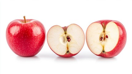 Red apple whole and halves piece isolated on white background