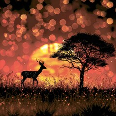 Wall Mural - Silhouette of a Deer in a Field at Sunset with a Tree